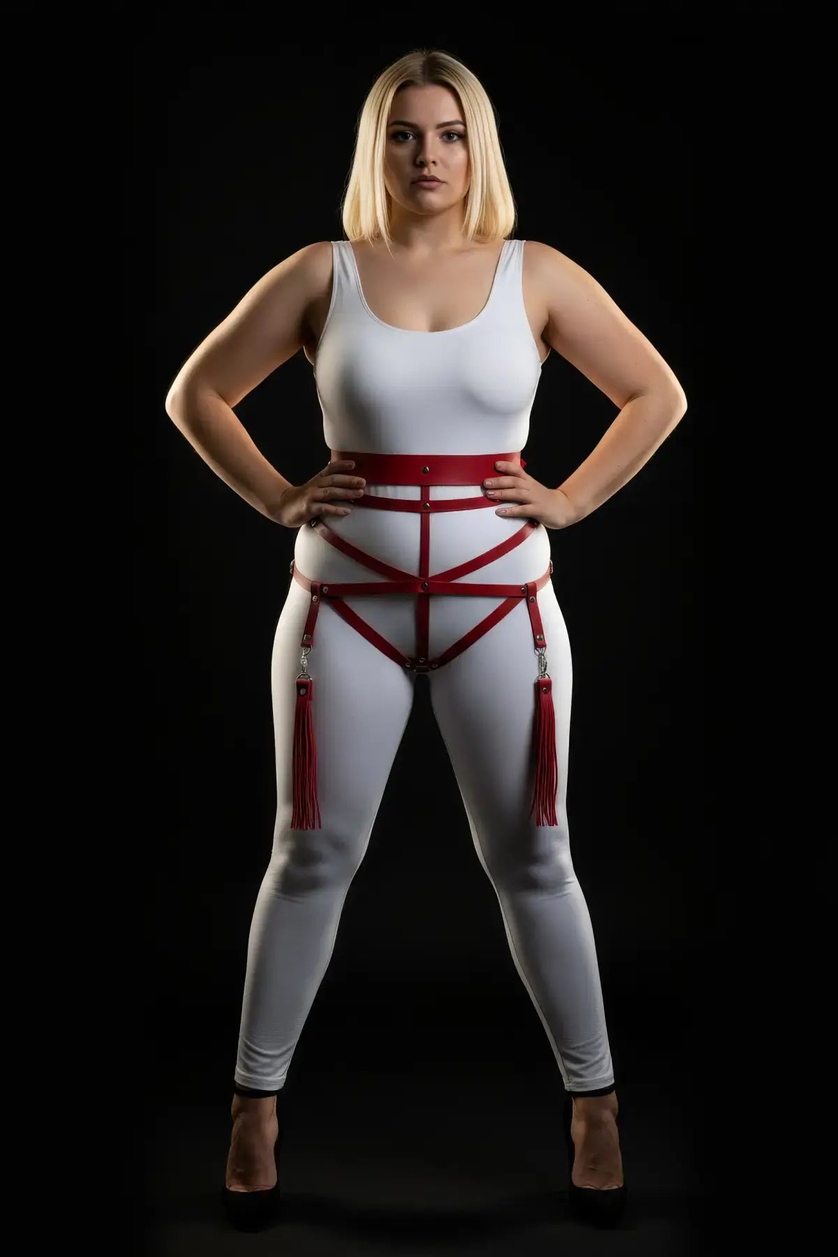 Plus Size Red Vegan Leather Waist Harness with tassel fringe by HarnessClub.