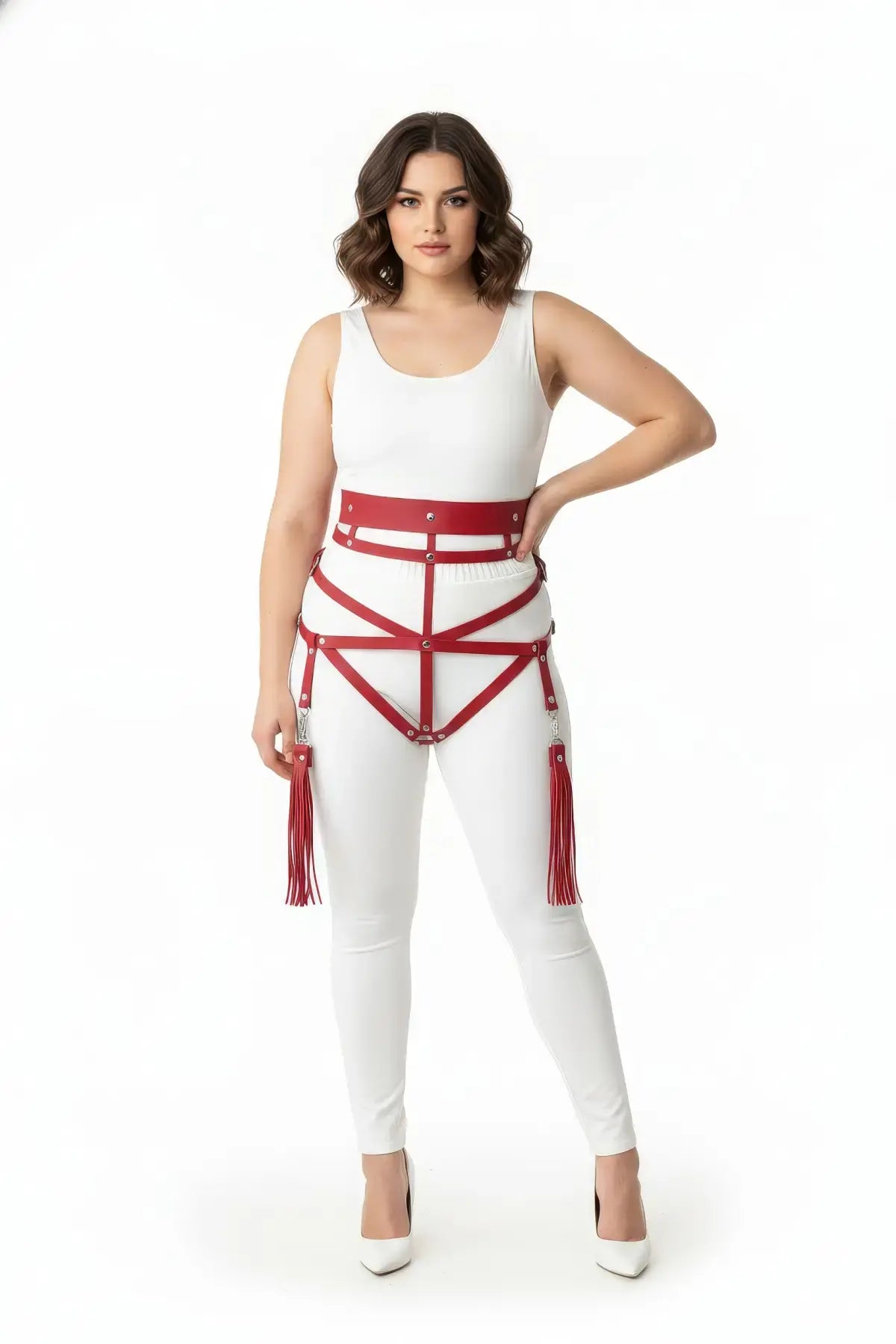 Plus Size Red Vegan Leather Waist Harness by HarnessClub with tassel fringe