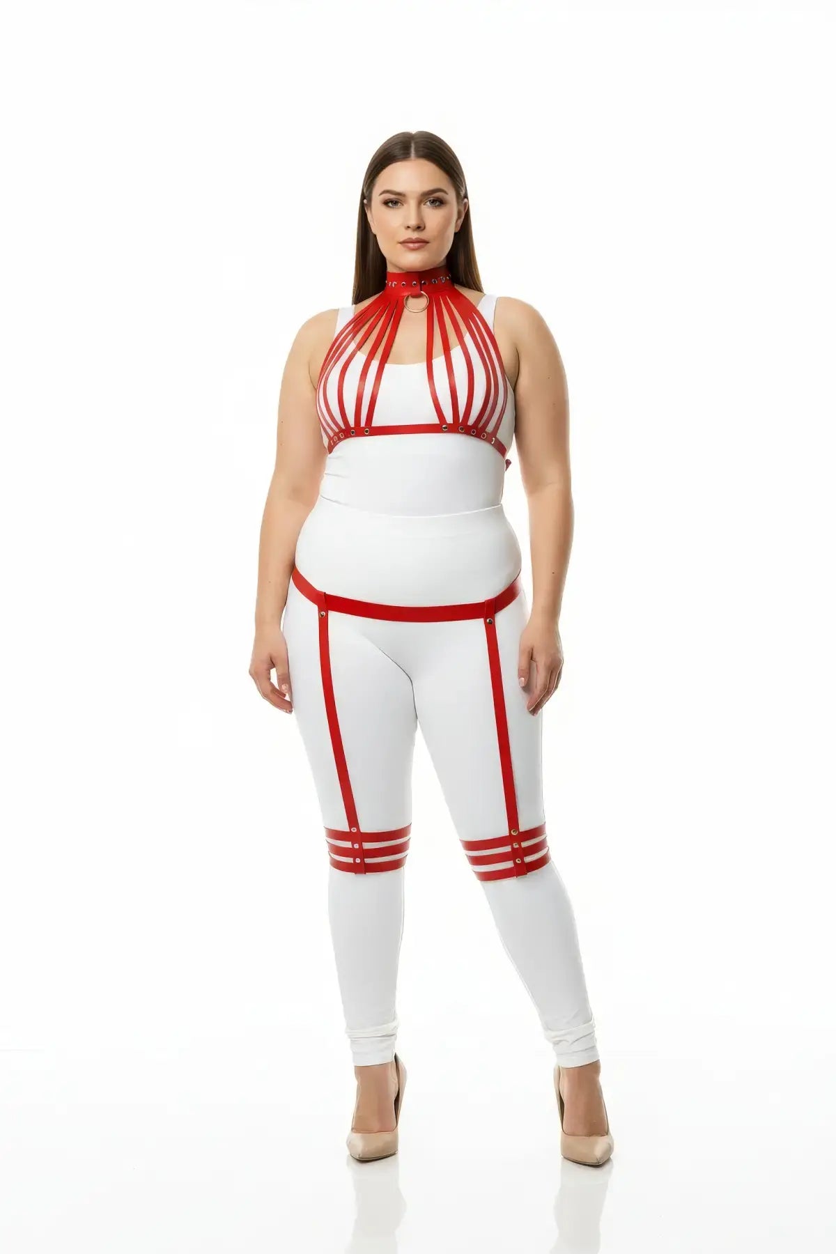 Plus-size red vegan-leather collar harness with vertical straps and garter thigh set by HarnessClub