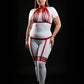 Plus-size red vertical-strap collar harness and garter thigh set in vegan leather, worn over a white base outfit.