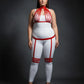 Plus Size Red Vertical-Strap Collar Harness & Garter Thigh Set by HarnessClub; vegan leather body accessory
