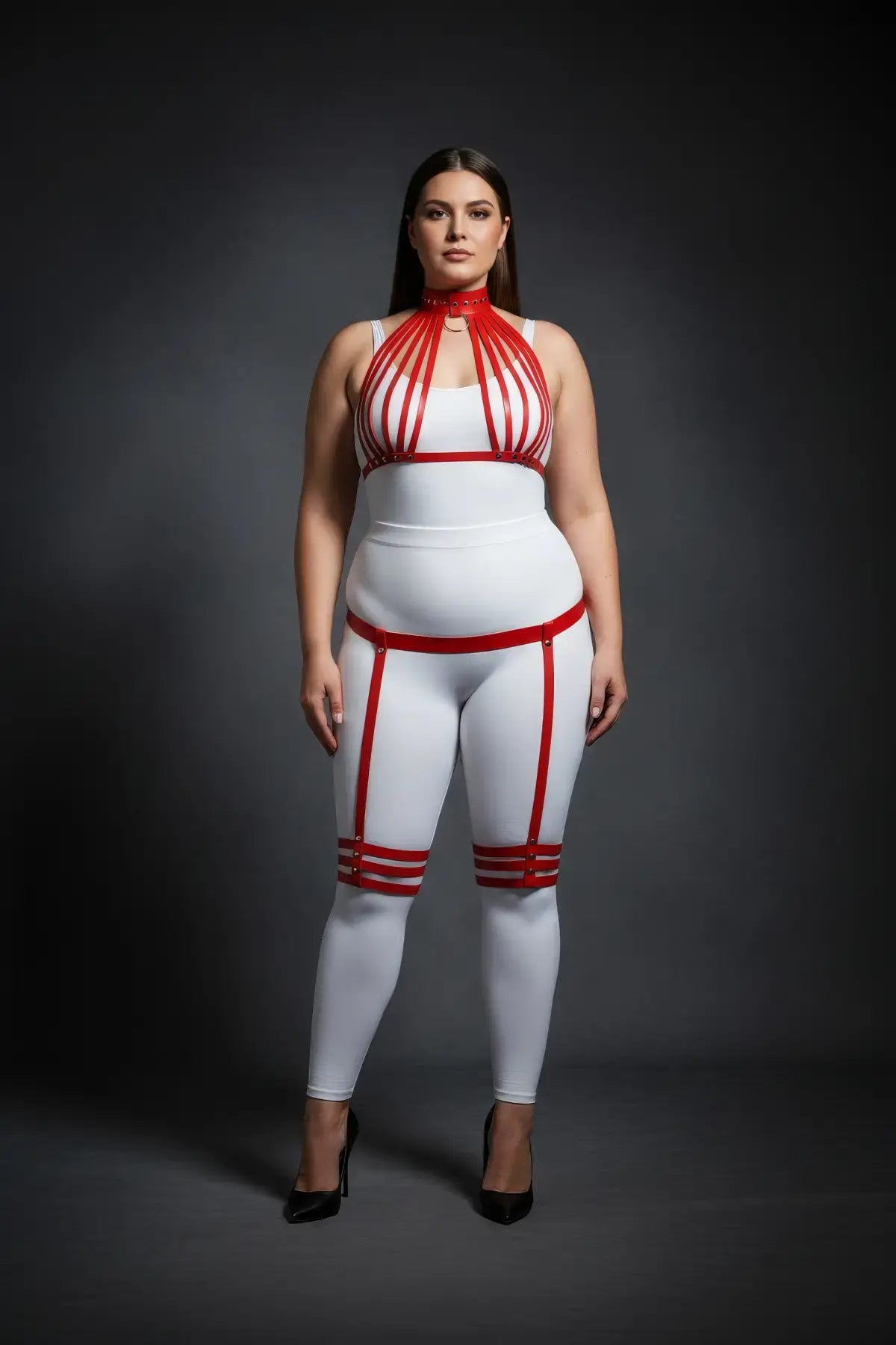 Plus Size Red Vertical-Strap Collar Harness & Garter Thigh Set by HarnessClub; vegan leather body accessory