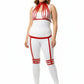 Plus-size red vertical-straps collar harness and garter-thigh set in vegan leather by HarnessClub
