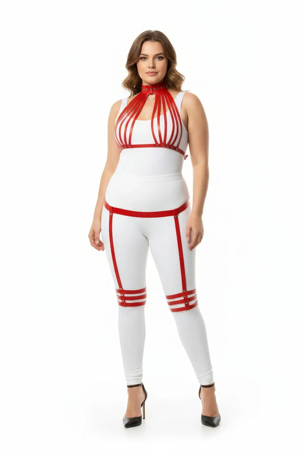 Plus-size red vertical-straps collar harness and garter-thigh set in vegan leather by HarnessClub