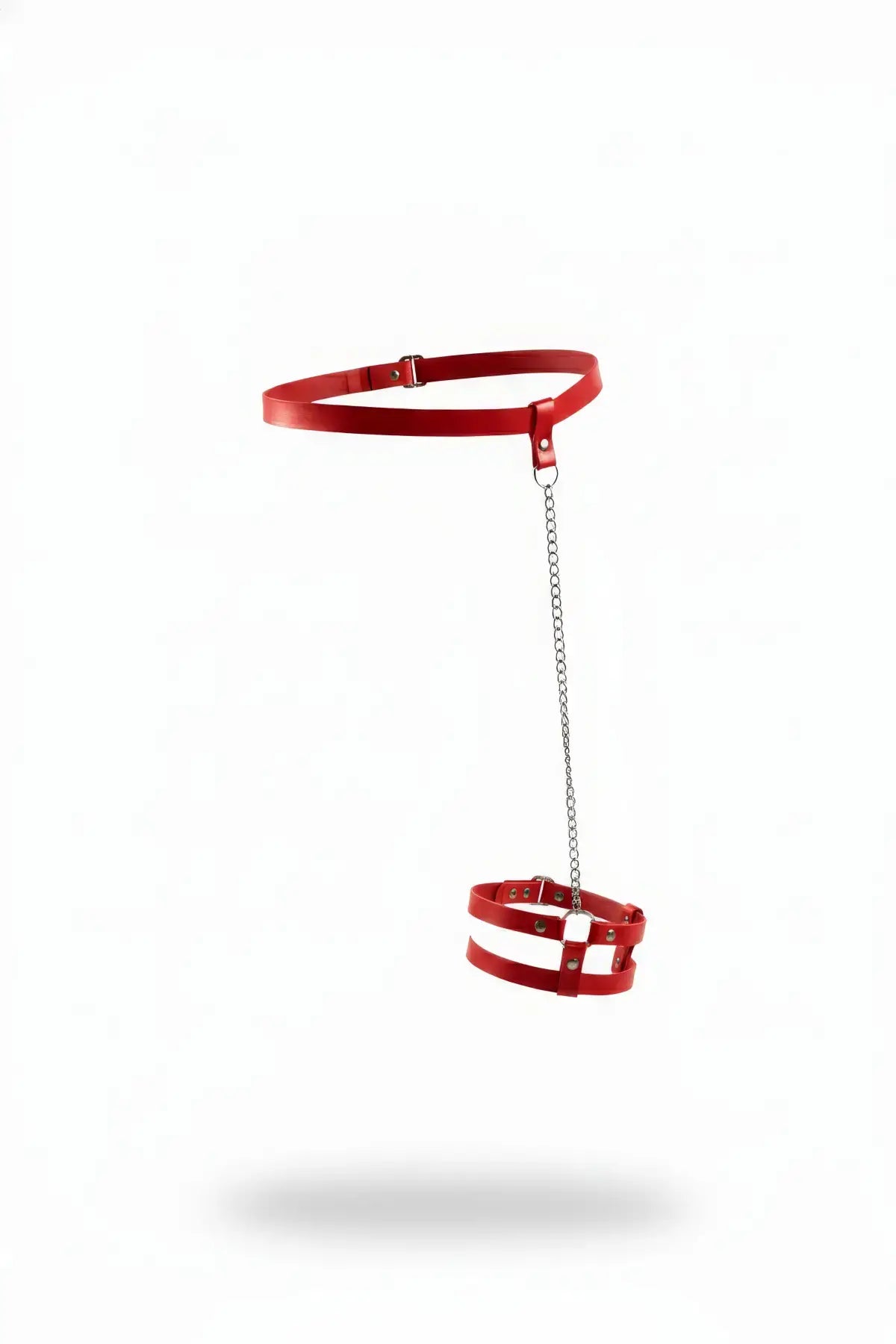 HarnessClub plus-size red vegan-leather waist belt with chain-drop thigh cuff garter harness