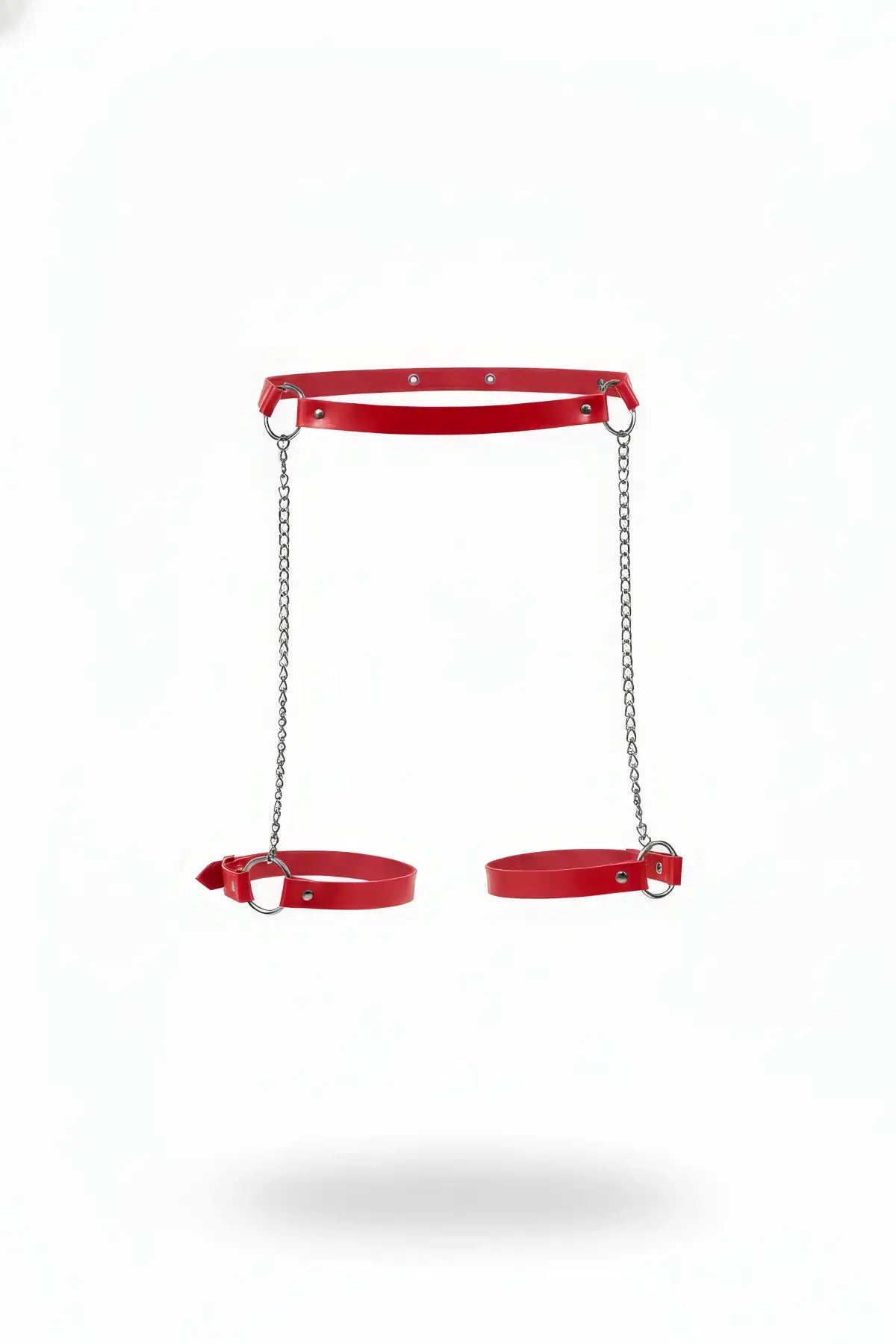 Plus-size red vegan-leather waist belt with twin chain-linked thigh garters