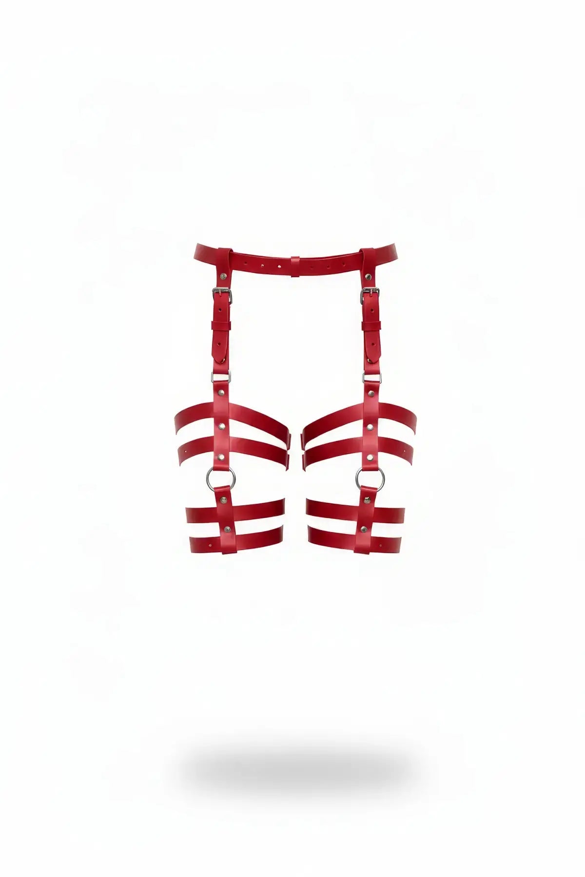 Plus-size red vegan leather waist belt with twin multi-band thigh cage garter harness by HarnessClub