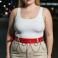 Plus-size red waist belt with twin O-rings and chain details by HarnessClub in vegan leather