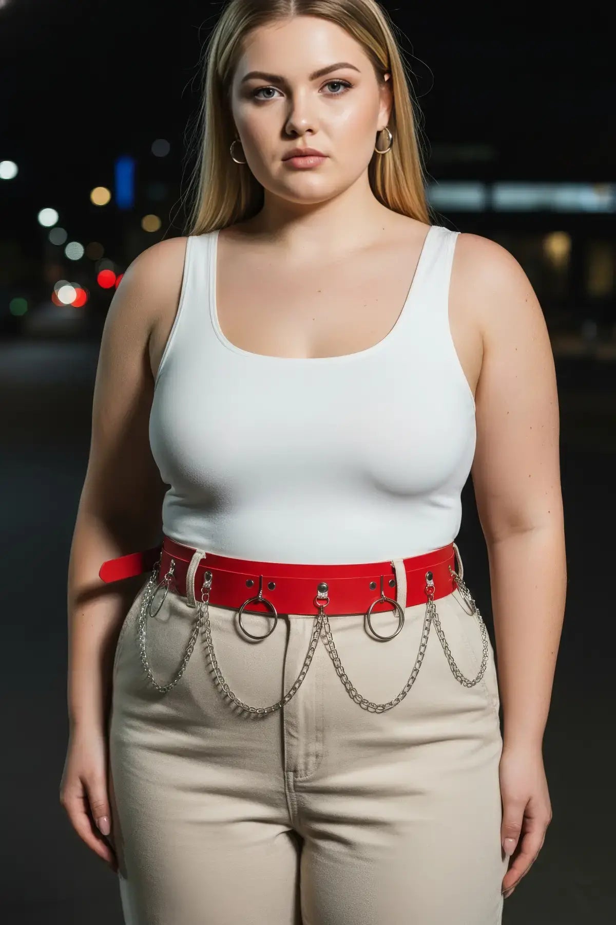 Plus-size red waist belt with twin O-rings and chain details by HarnessClub in vegan leather
