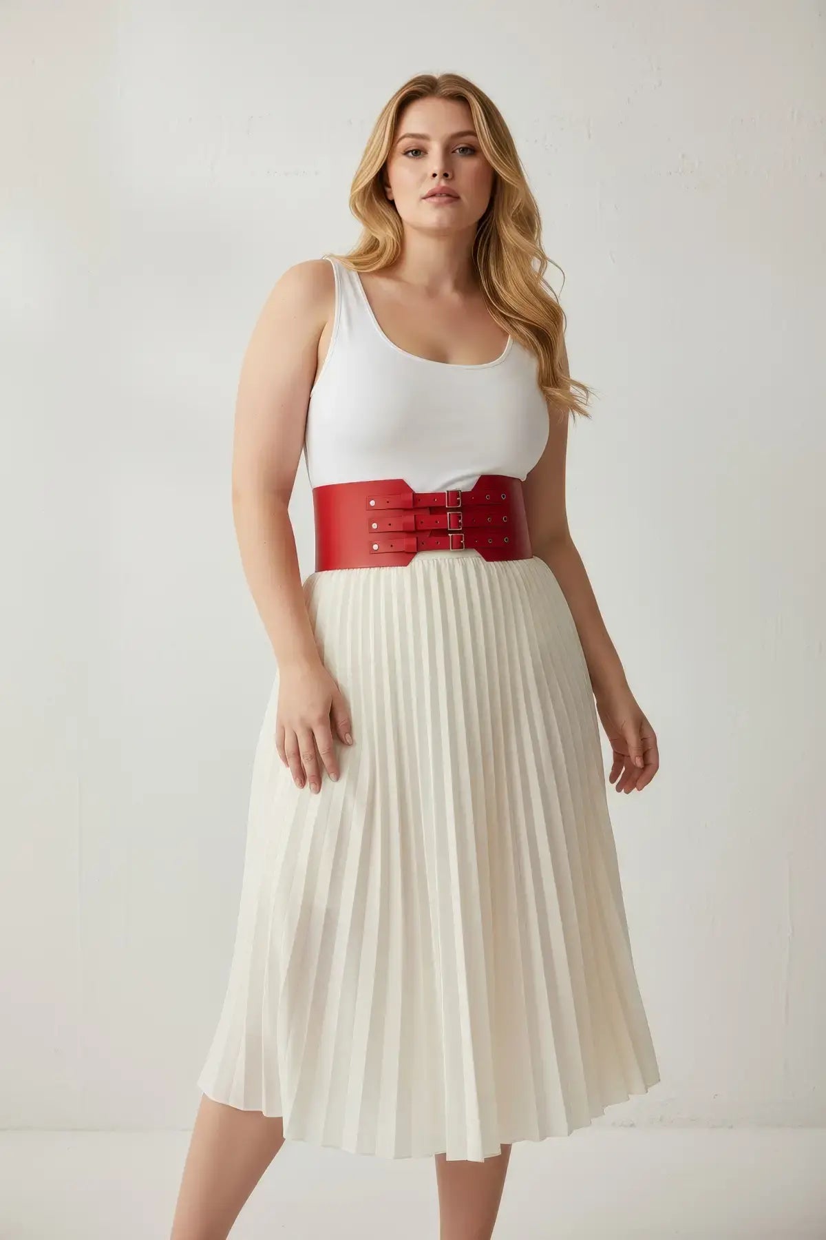Plus-size red wide three-buckle corset belt by HarnessClub, vegan leather waist cincher worn over white outfit