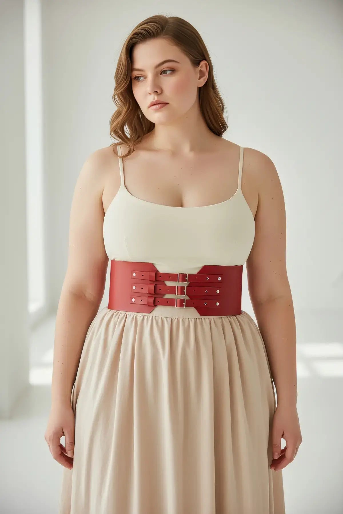 Plus-size red wide buckle corset belt in vegan leather waist cincher