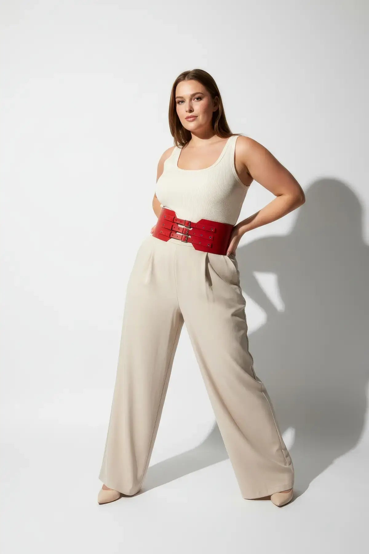 HarnessClub plus-size red vegan-leather waist cincher belt with triple-buckle design