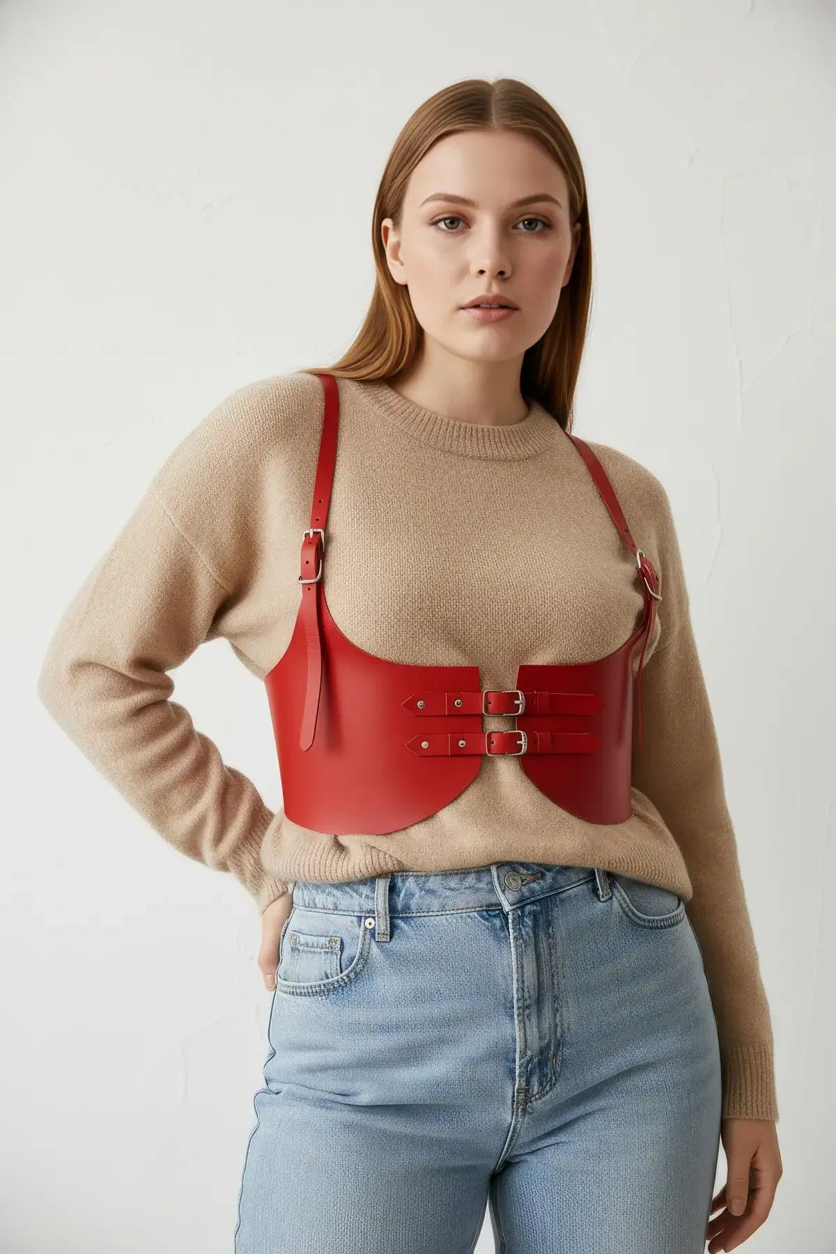 Plus Size Red Vegan Leather Under-Bust Corset Belt Harness with dual buckles.