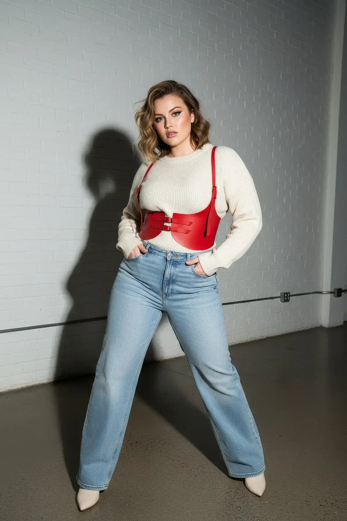 Plus Size Red Wide Corset Belt Harness in vegan leather, worn at the waist over a cream knit sweater.