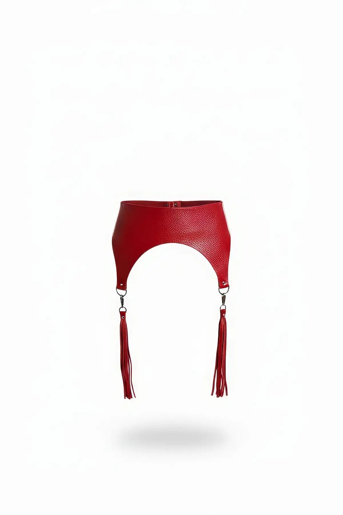 Plus-size red wide corset waist belt with tassel drops, vegan leather by HarnessClub