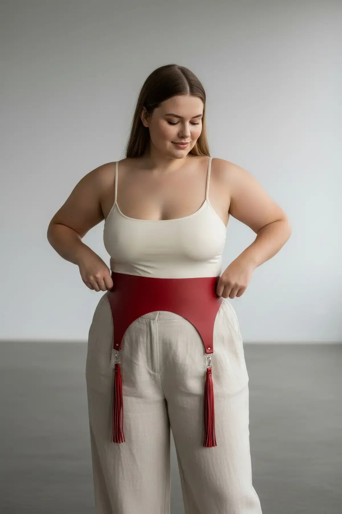 Plus Size Red Wide Corset Waist Belt with Tassels in vegan leather