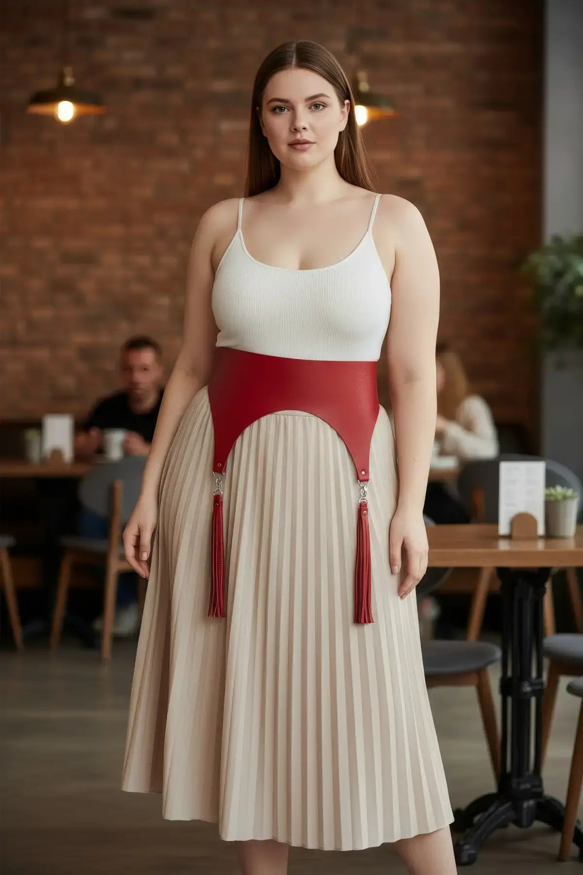 Plus Size Red Wide Corset Waist Belt with Tassels by HarnessClub, vegan leather