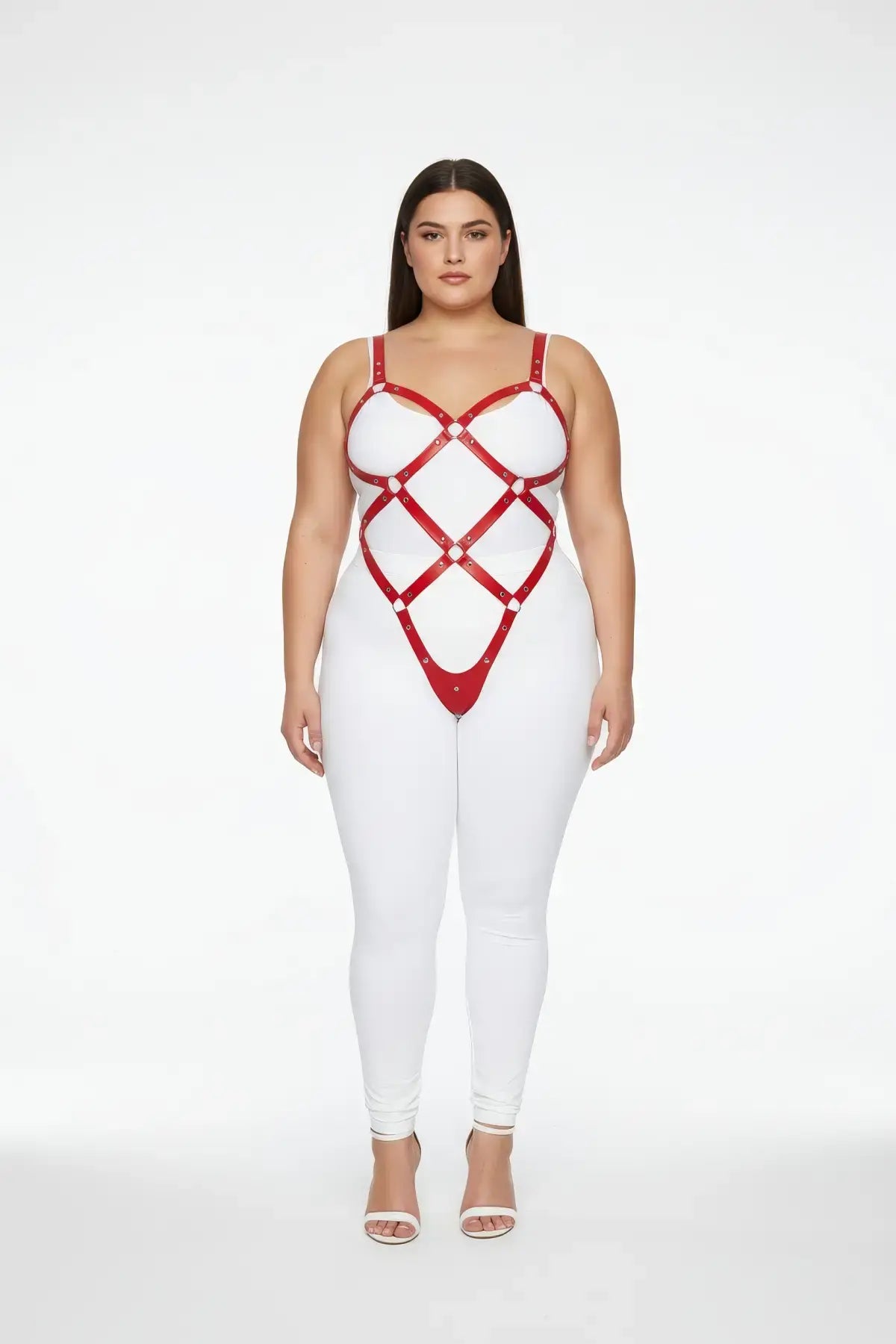 Plus-size red wide diamond-lattice vegan leather body cage harness by HarnessClub on white bodysuit