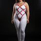 Plus size red wide diamond lattice body cage harness worn over a white bodysuit, vegan leather