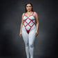 Plus-size red vegan leather body cage harness with wide diamond lattice worn over white bodysuit