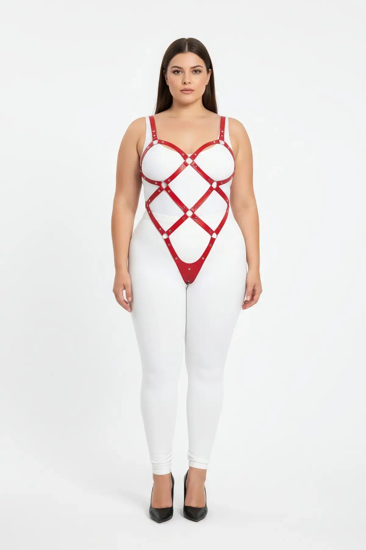 Plus-size red vegan-leather body cage harness with wide diamond lattice by HarnessClub
