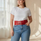 Plus-size red wide multi-buckle corset leather belt worn at the waist.