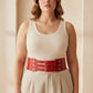 Plus Size Red Wide Multi-Buckle Corset Leather Belt by HarnessClub, worn at the waist.