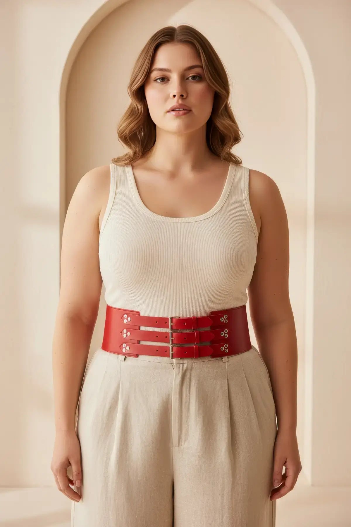 Plus Size Red Wide Multi-Buckle Corset Leather Belt by HarnessClub, worn at the waist.