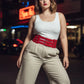 Plus-size red wide multi-buckle corset leather belt by HarnessClub with three buckles