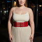 Plus-size red wide multi-buckle corset leather belt by HarnessClub worn at the waist