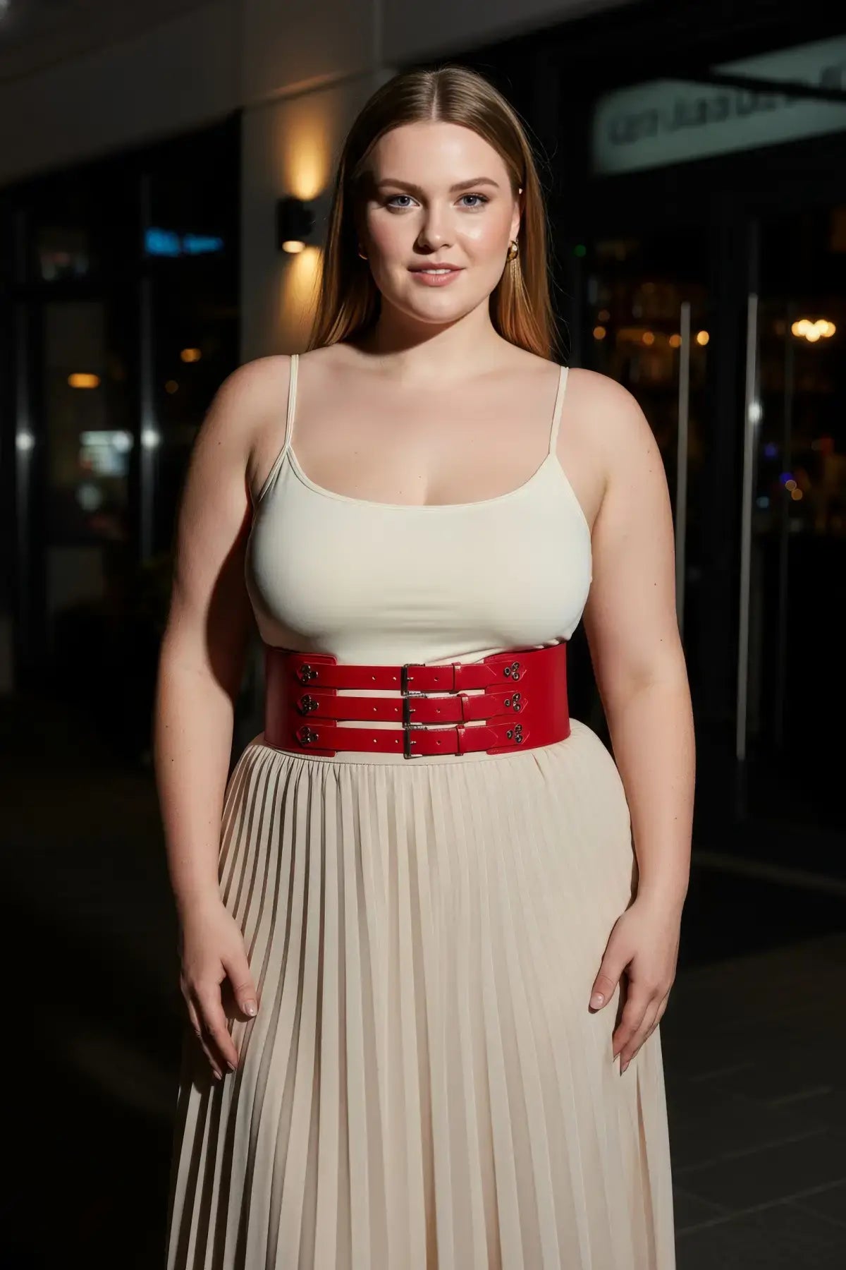 Plus-size red wide multi-buckle corset leather belt by HarnessClub worn at the waist