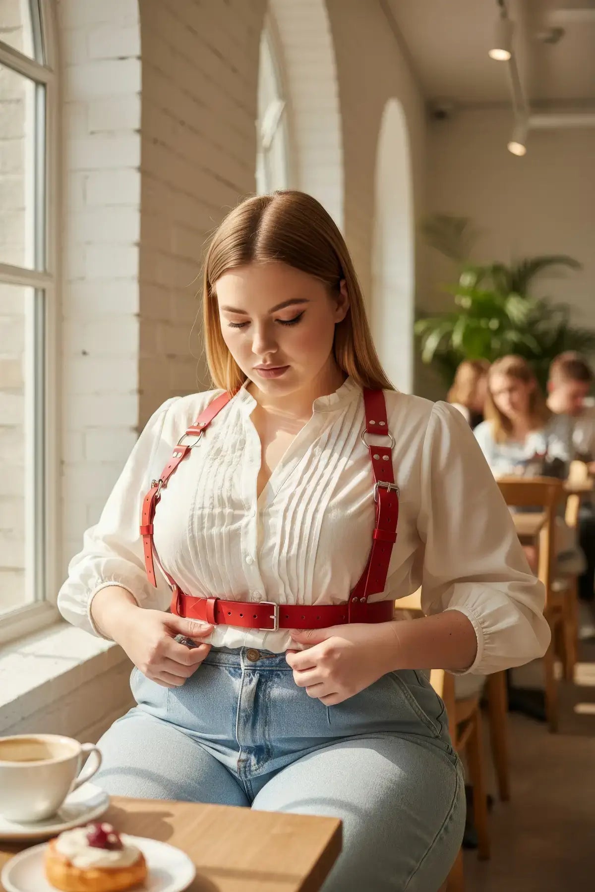 Plus-size red vegan-leather shoulder harness with wide straps, square buckles and waist belt by HarnessClub