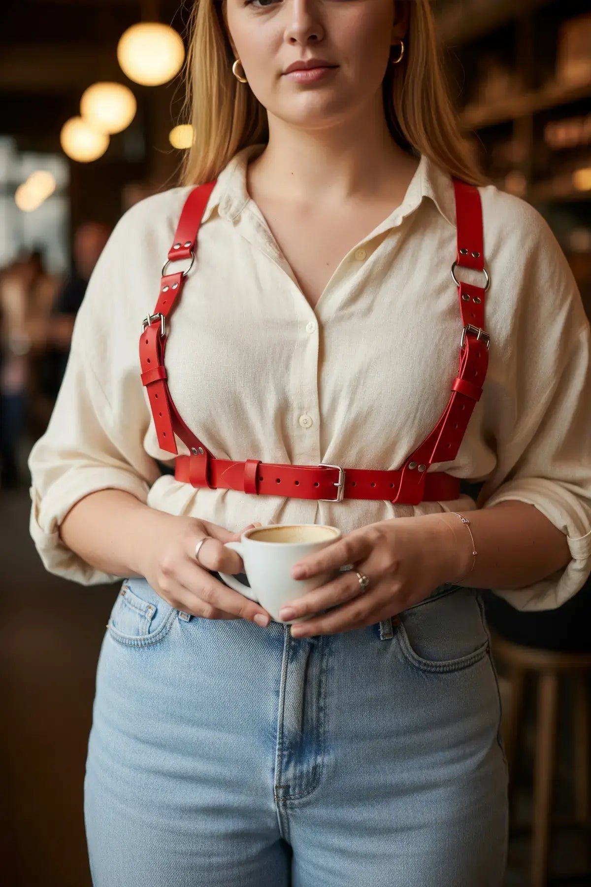 Plus size red vegan leather shoulder harness with waist belt and wide straps, square buckles by HarnessClub