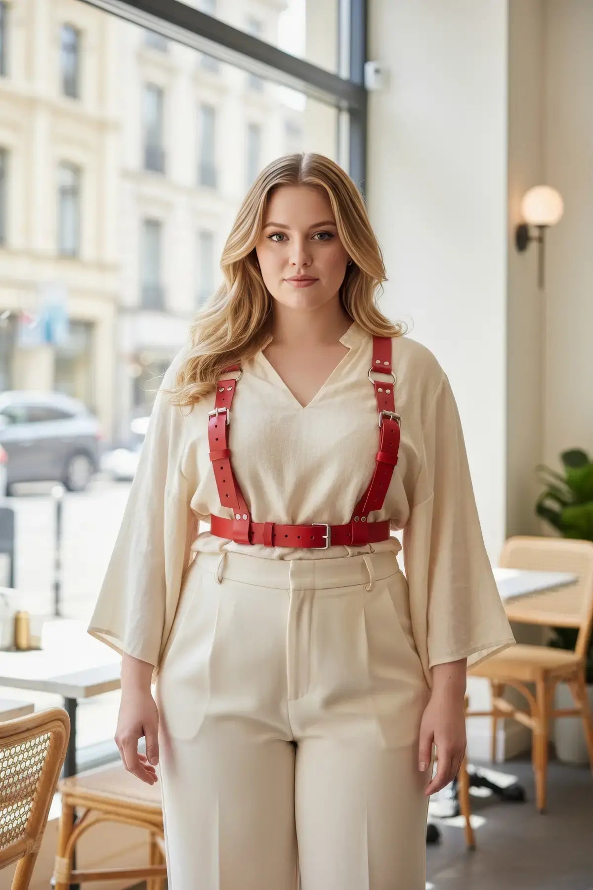 Plus-size red vegan-leather shoulder harness with waist belt