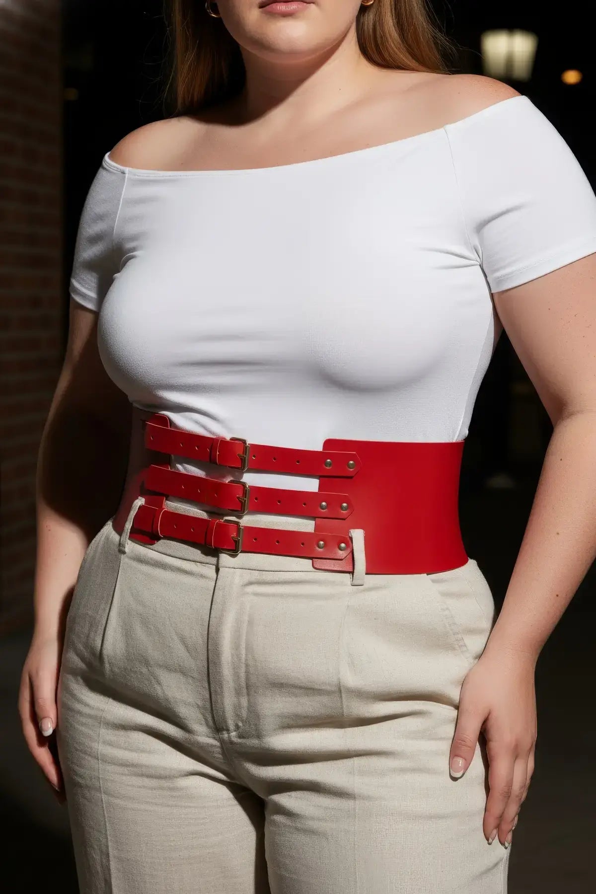 Plus Size Red Wide Triple-Buckle Corset Belt in vegan leather