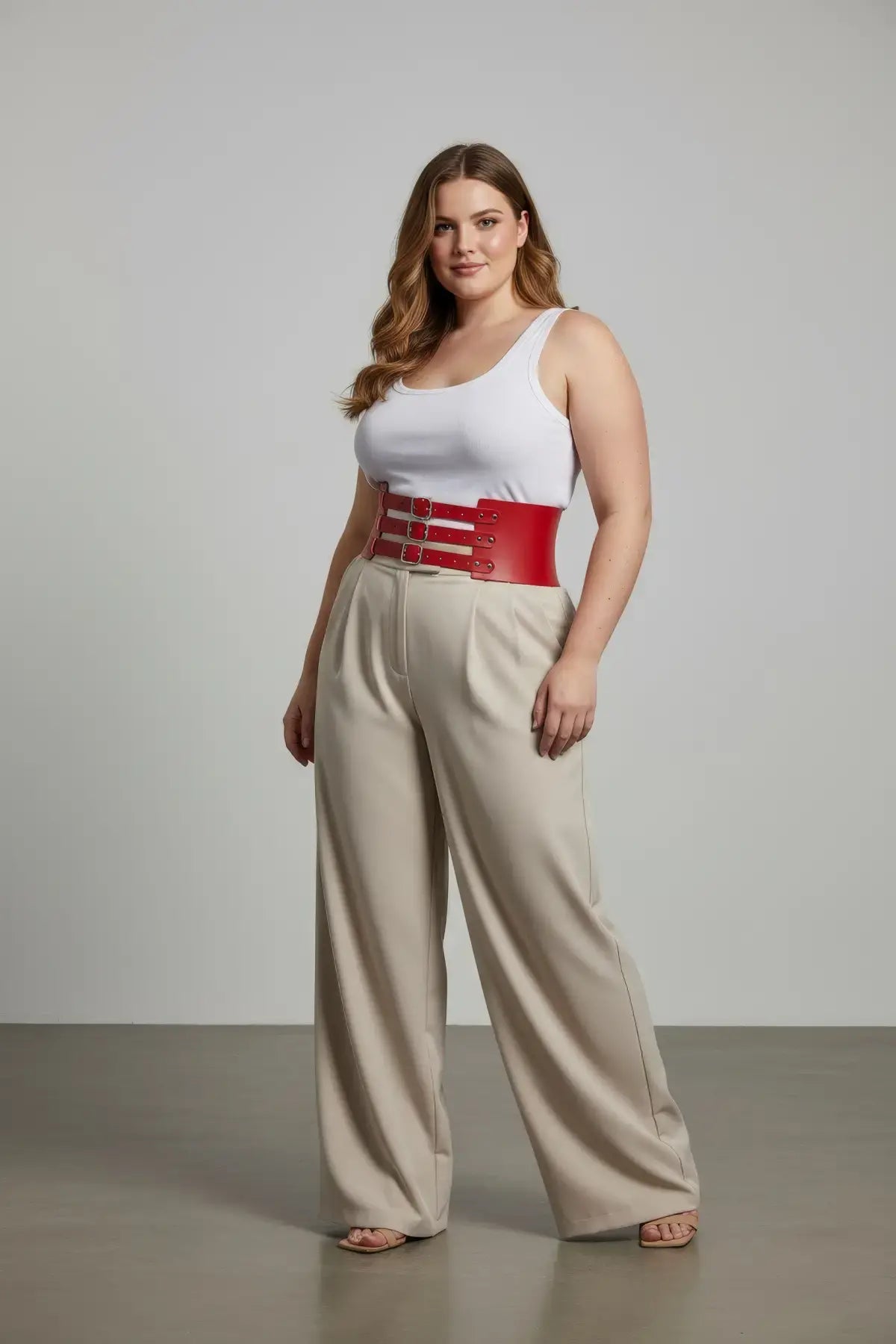 Plus-size red wide triple-buckle corset belt in vegan leather by HarnessClub