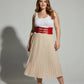 Plus-size red wide triple-buckle vegan leather corset belt by HarnessClub worn at the waist