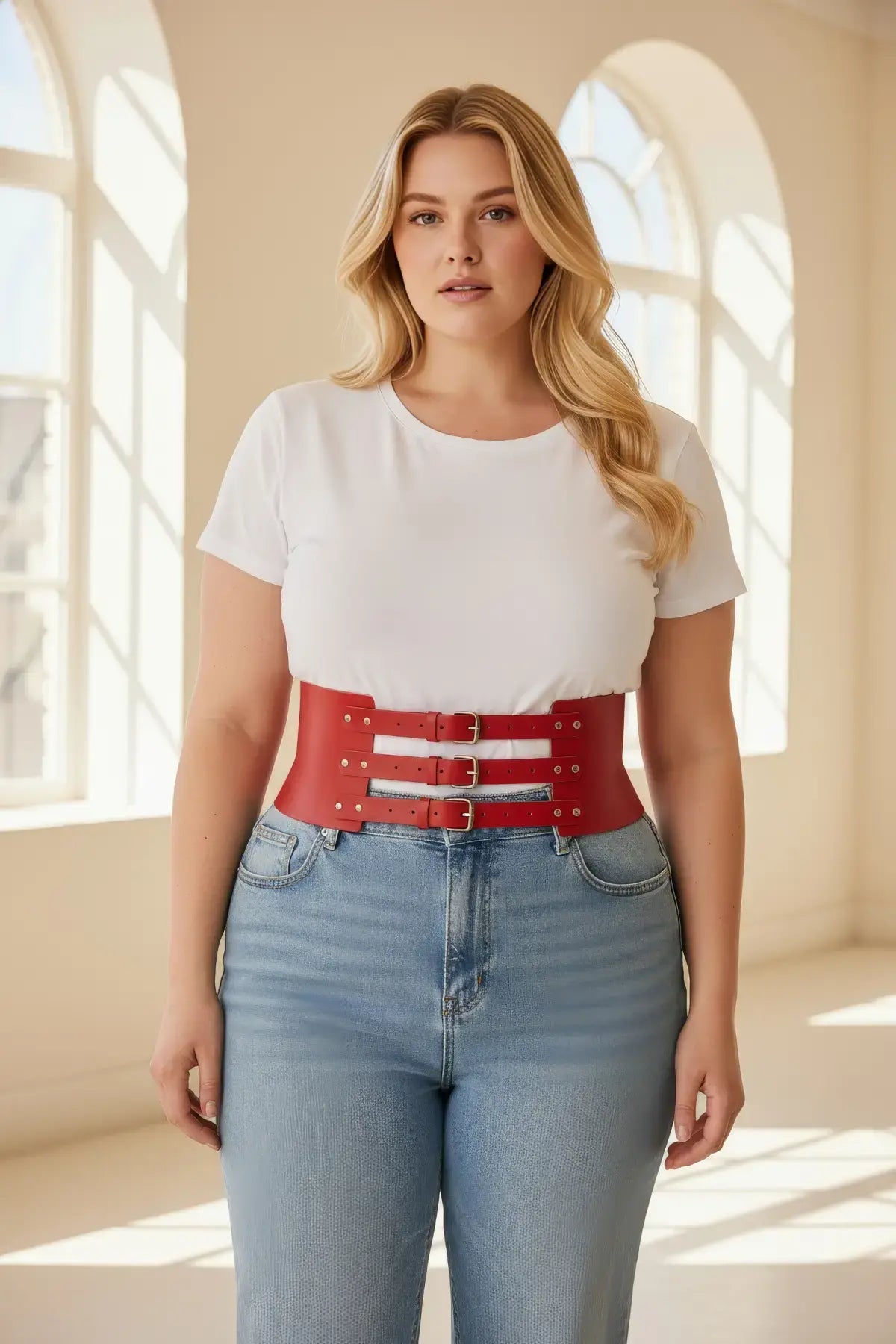 Plus Size Red Wide Triple-Buckle Corset Belt in vegan leather worn over a white tee.