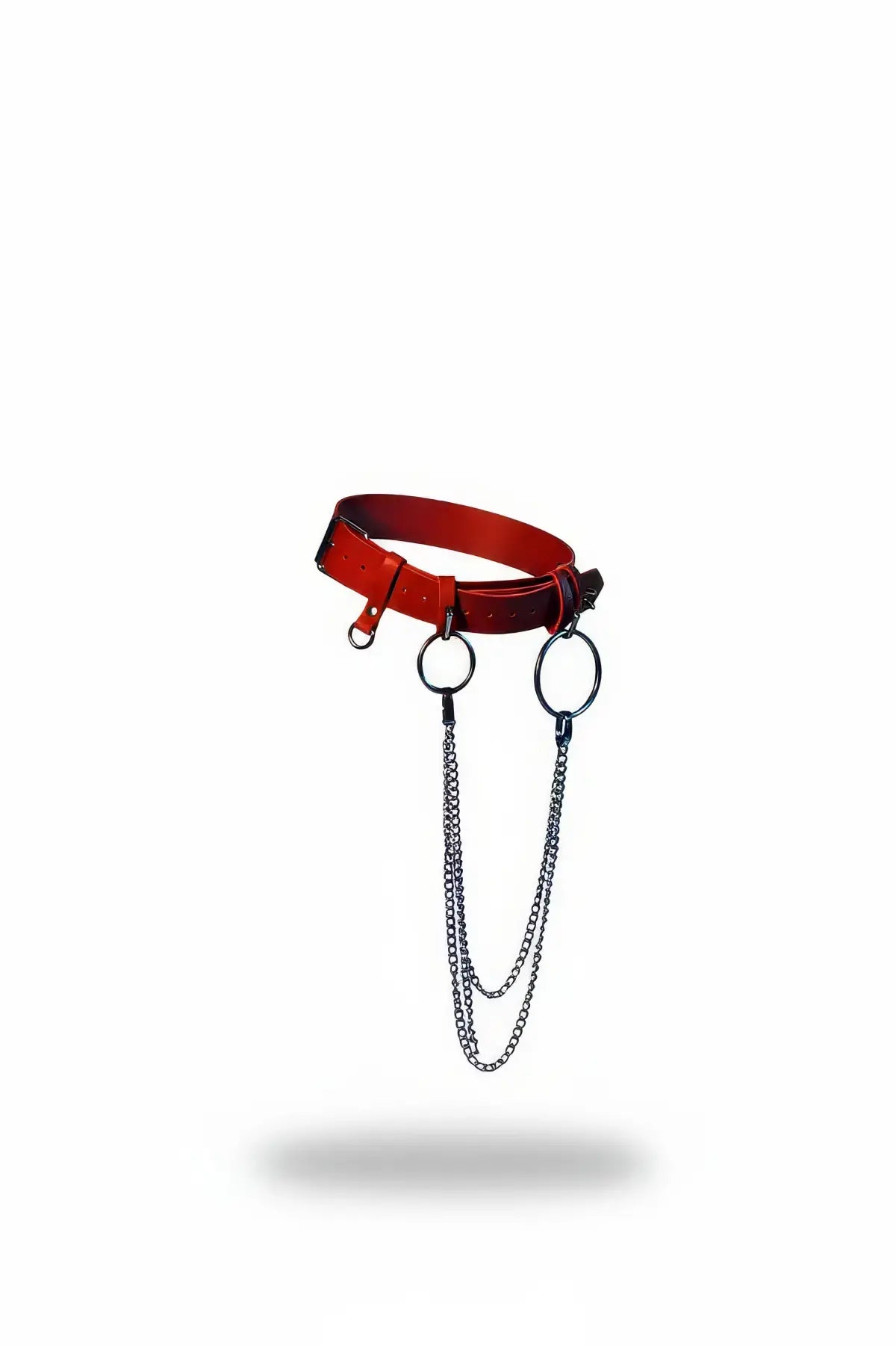 HarnessClub plus-size red wide waist belt with O-ring chains hanging, vegan leather.