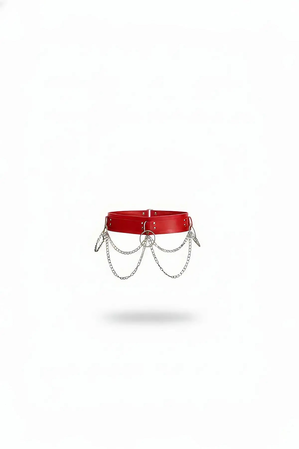 Plus-size red vegan leather waist belt with silver chain swag by HarnessClub