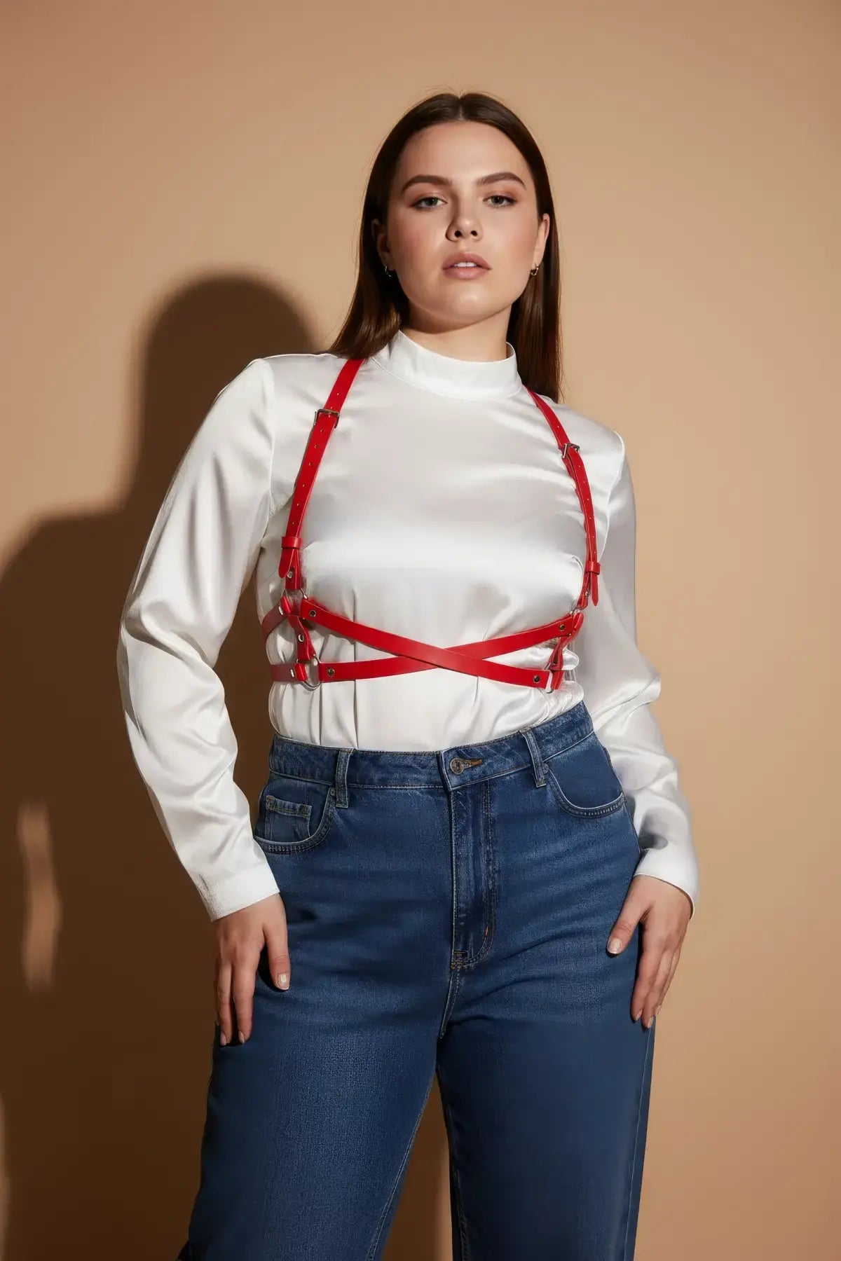 Plus Size Red Wrap Cross-Body Harness by HarnessClub, vegan leather body accessory