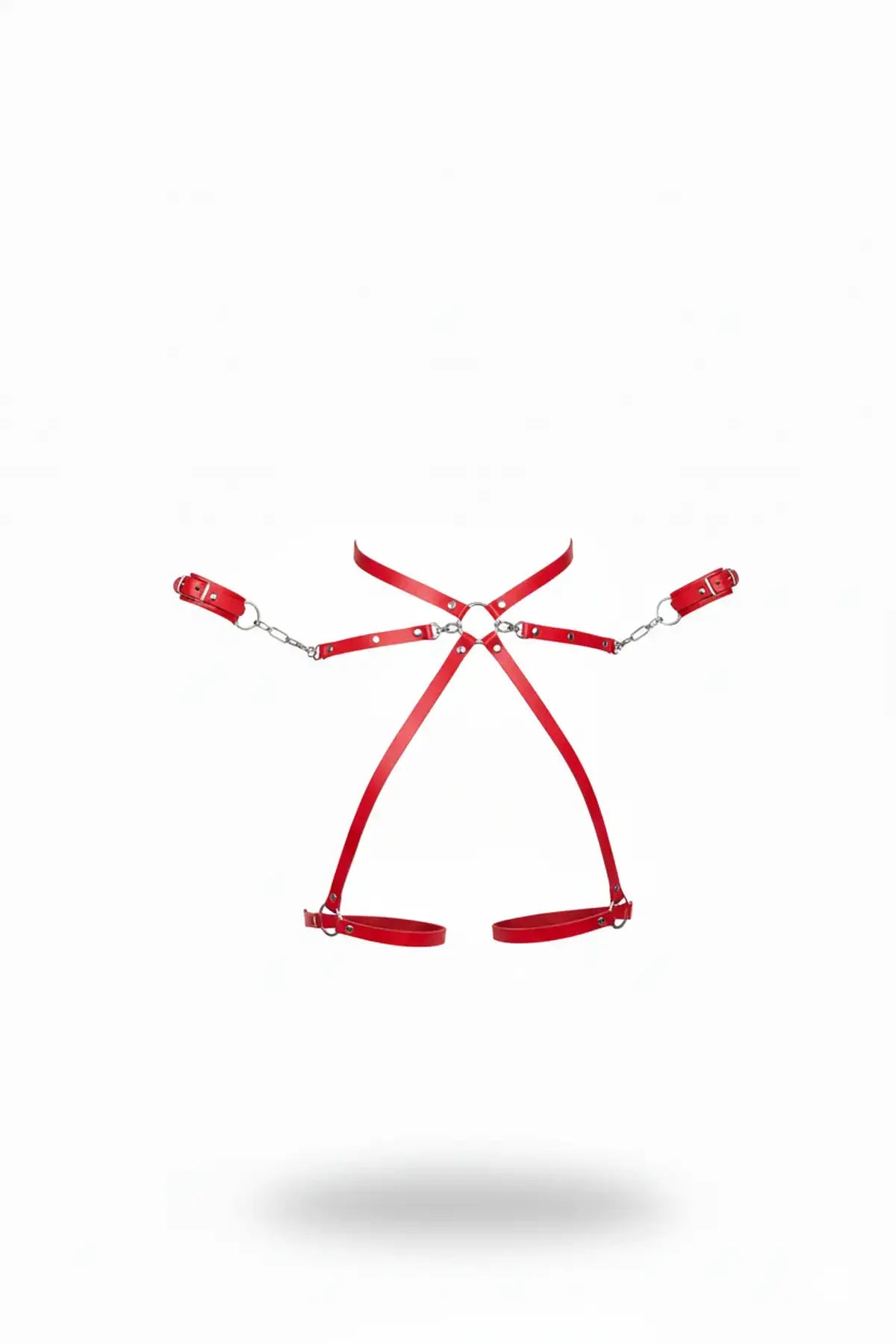 HarnessClub Plus Size Red X-Cross Body Harness with Chain-Linked Wrist Cuffs, vegan leather