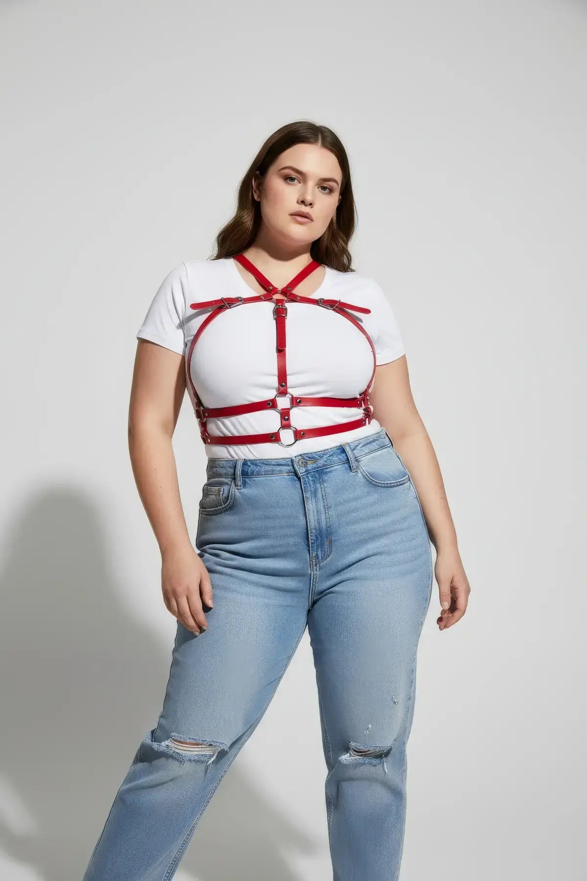 Plus-size red vegan-leather X-cross chest harness with under-bust bands, by HarnessClub