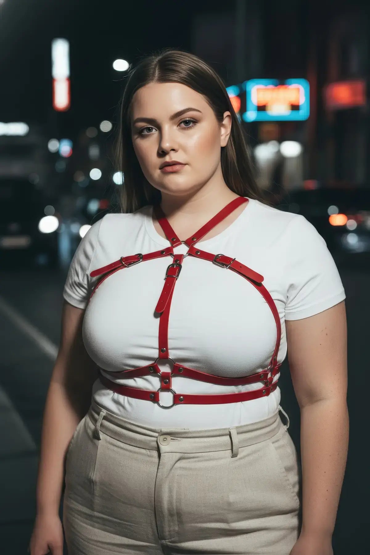 Plus size red X-cross chest harness with under-bust bands in vegan leather by HarnessClub