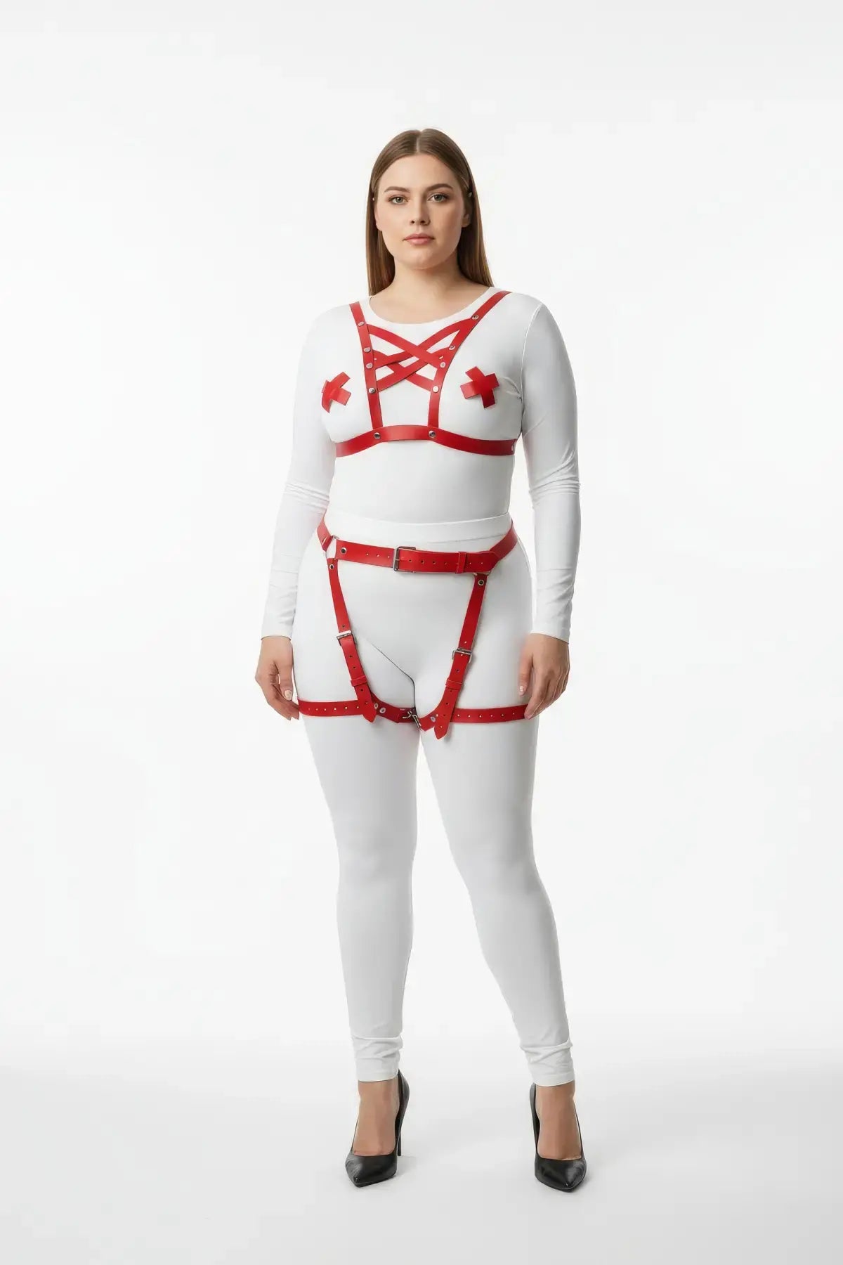 Plus-size red vegan leather x-strap chest harness with hip garter belt by HarnessClub