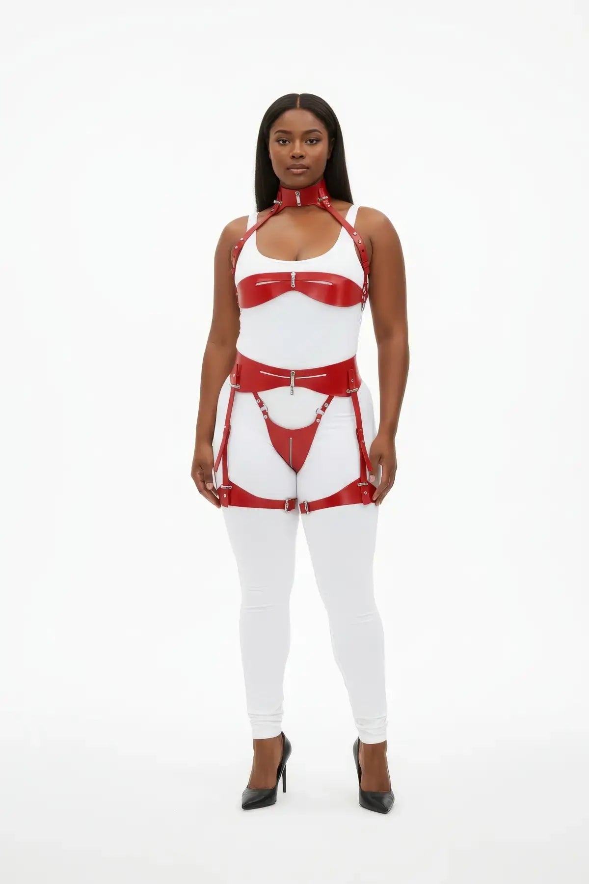 Plus-size red zip-detail three-piece vegan leather harness with thigh garter, HarnessClub