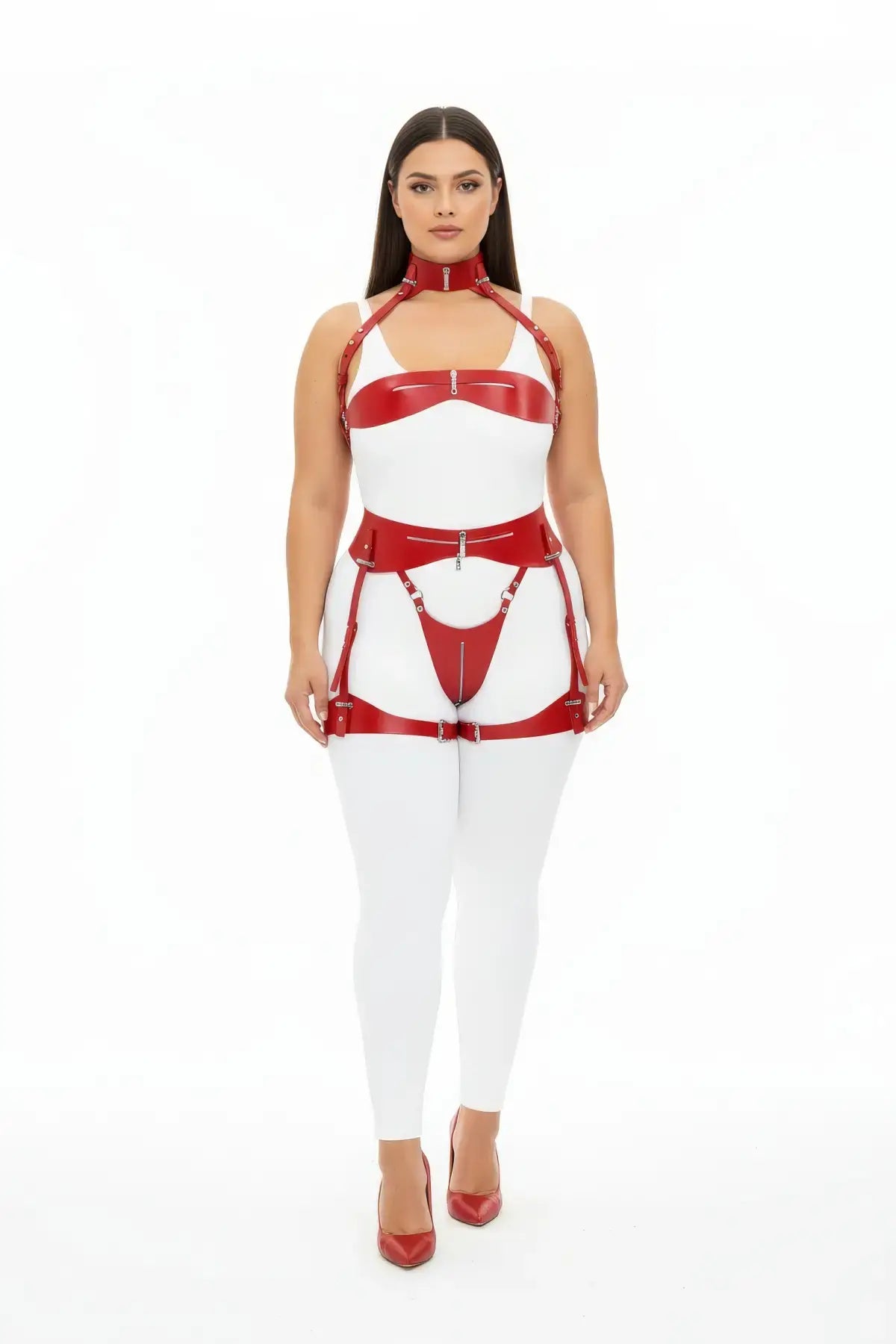 Plus-size red vegan-leather zip-detail three-piece harness with thigh garters and choker worn over a white bodysuit