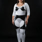 Plus-size sculpted-cup bralette and butterfly hip-frame harness in white/black vegan leather with chain details