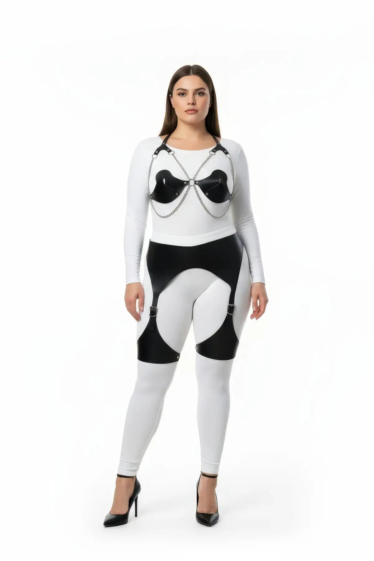 Plus-size sculpted cup bralette and butterfly hip frame harness on a white bodysuit; black cups with silver chains