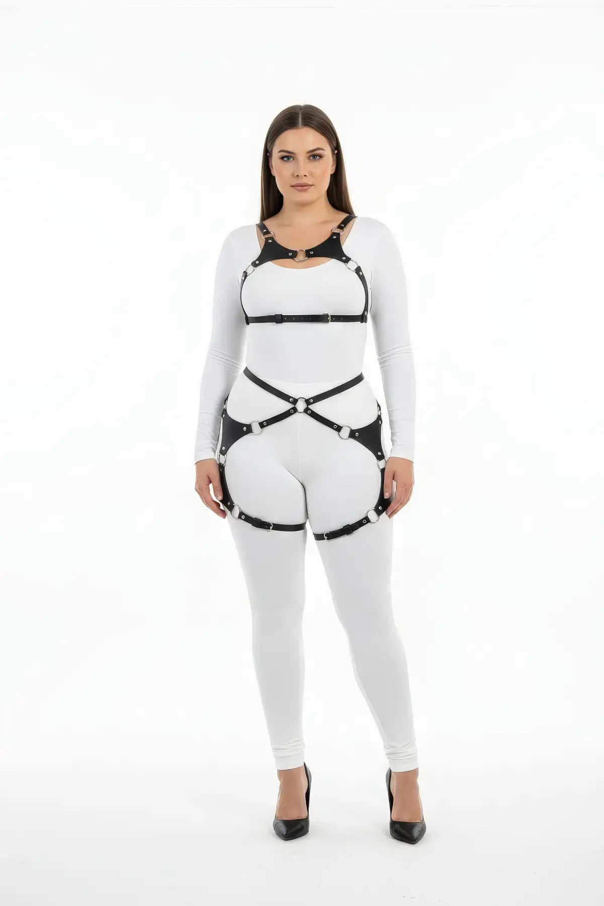 Plus Size Shoulder Yoke and Butterfly Thigh Frame Harness Set by HarnessClub in vegan leather